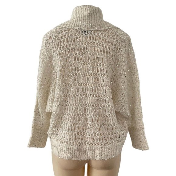 Express Women Ivory Open Cardigan Large Collar Sequins Wool Open Knit Sweater L - Picture 3 of 7